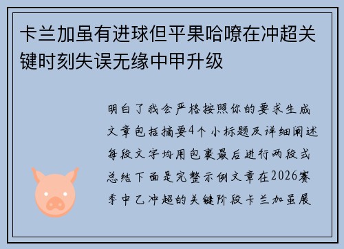 卡兰加虽有进球但平果哈嘹在冲超关键时刻失误无缘中甲升级